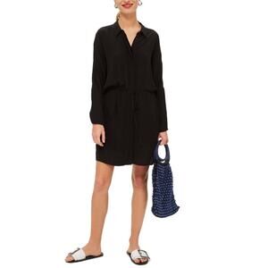 TopShop Black Drawstring Solid Mini Shirt Dress Womens 2 Long Sleeve Button Up